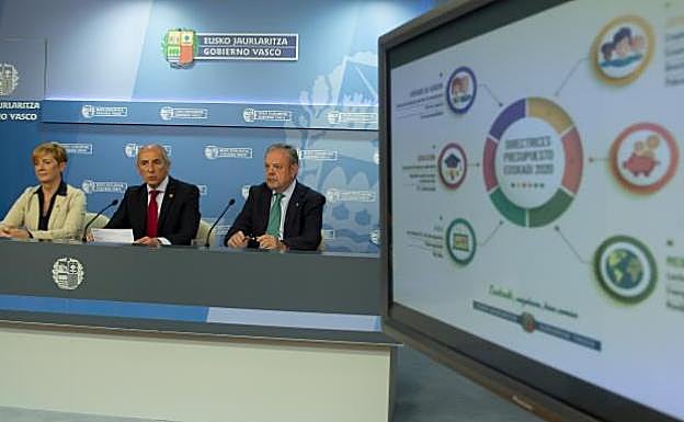 Arantxa Tapia, Josu Erkoreka y Pedro Azpiazu, en la presentación de las directrices presupuestarias.