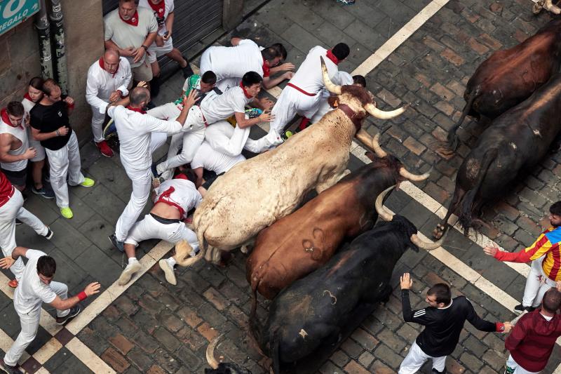 Fotos: Segundo encierro de San Fermín muy veloz y limpio de los toros de Cebada Gago