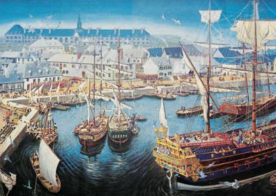 Imagen secundaria 1 - La primera fotografía muestra cómo se encuentra en la actualidad la reconstrucción de la Fortaleza de Louisbourg. En la segunda se ilustra la fortaleza en el siglo XVIII. 