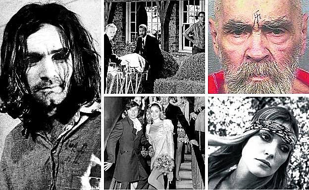 Arriba en el centro, el asesinato. La Policía saca el cuerpo de Sharon Tate de su casa en Beverly Hills. Abajo, foto de boda de la actriz y modelo con el director Roman Polanski en Londres. Arriba a la derecha, Charles Manson el último día del juicio. Fue condenado a cadena perpetua. A la derecha en 2017, en una prisión de California. Murió ese mismo año.Abajo a la derecha, tenía 26 años. La mujer de Polanski murió acuchillada cuando estaba embarazada de 8 meses.