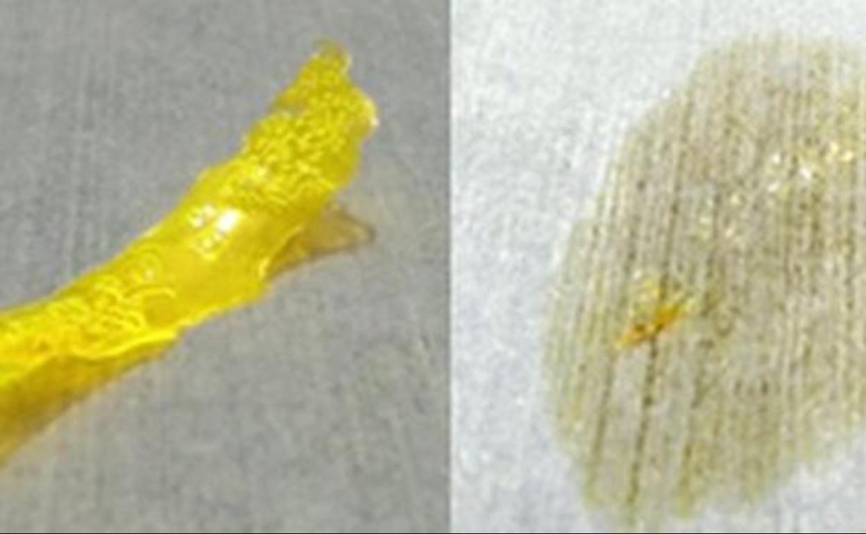 Un polímero (izquierda) se despolimeriza y desaparece después de exponerse a la luz solar durante 10 minutos (derecha).