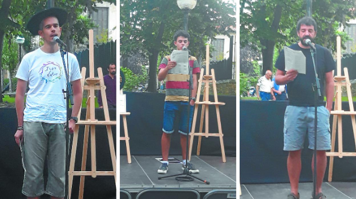 Ekaitz Goikoetxea. Irabazlea, txapela jantzita; Aner Peritz gaztea, eta Julen Zulaikak, idatzitako bertso sarituak abestu zituzten. 