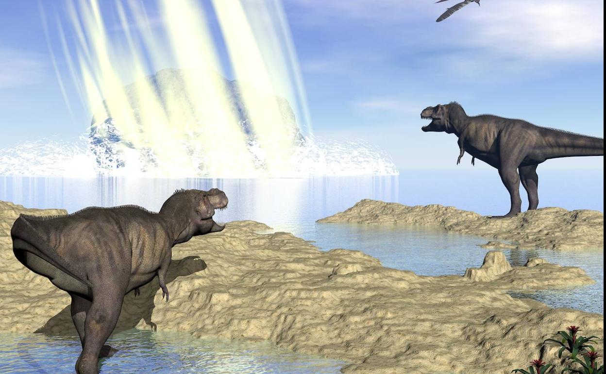 Recreación del impacto ante varios dinosaurios. 