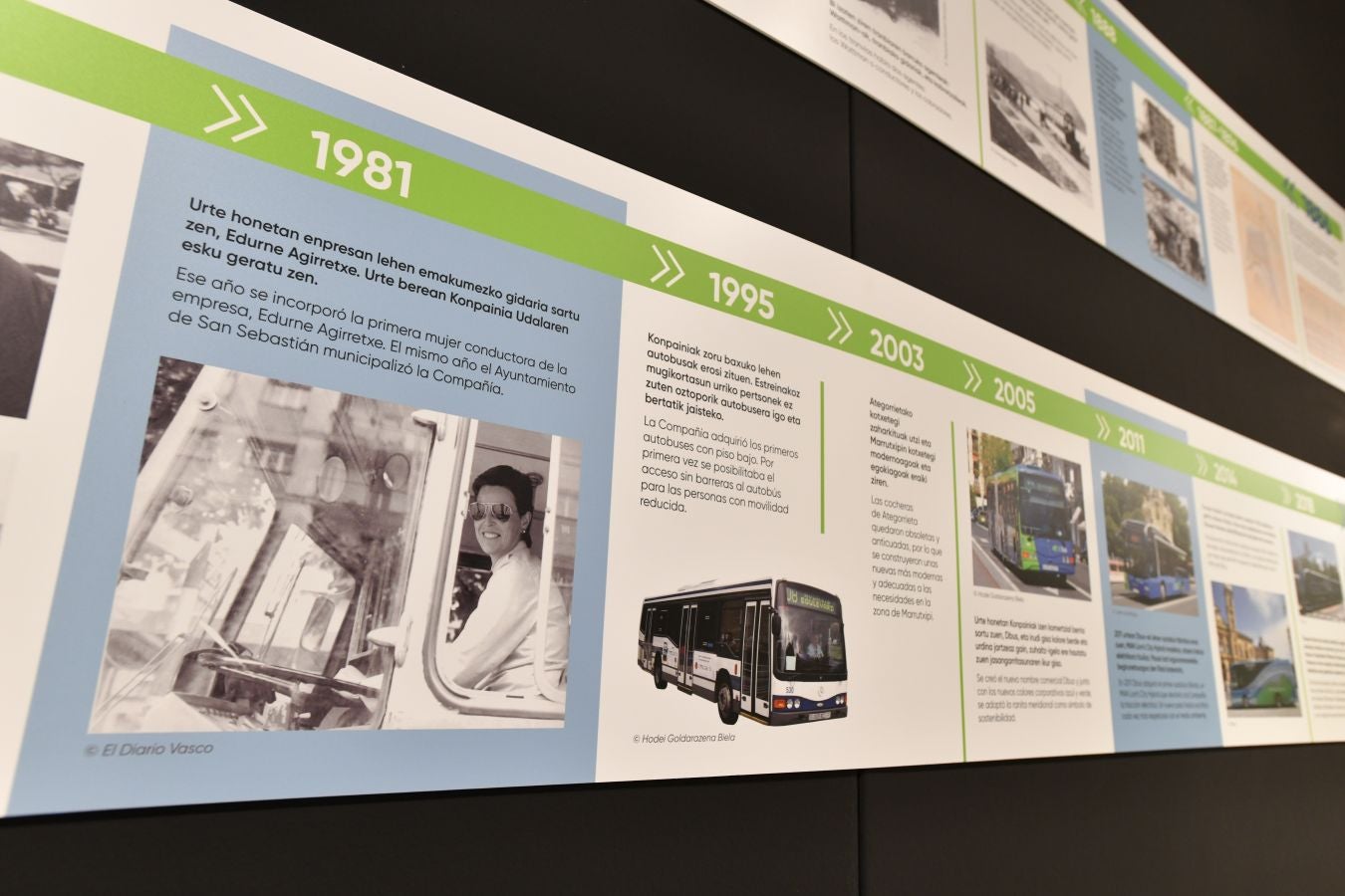 Una exposición en la casa de Cultura de Aiete recoge la evolución de la compañía de autobuses y del servicio en la capital guipuzcoana