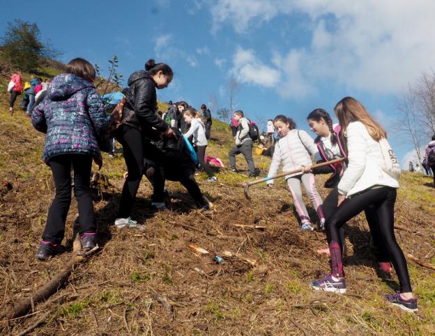 Planeta sostenible. Escolares plantan árboles en la ladera de Moru en el Zuhaitz Eguna.