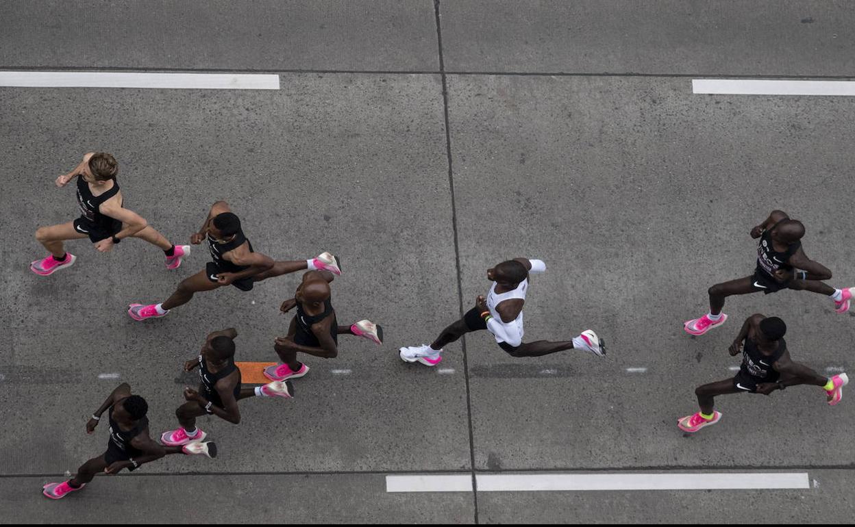 Kipchoge, flanqueado por las liebres.