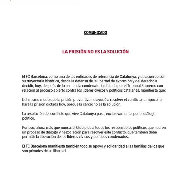 Comunicado del Barcelona.