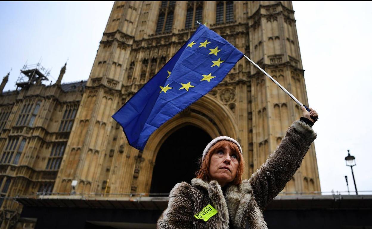 Una británica 'antibrexit' ondea una bandera de la UE frente al Parlamento británico.