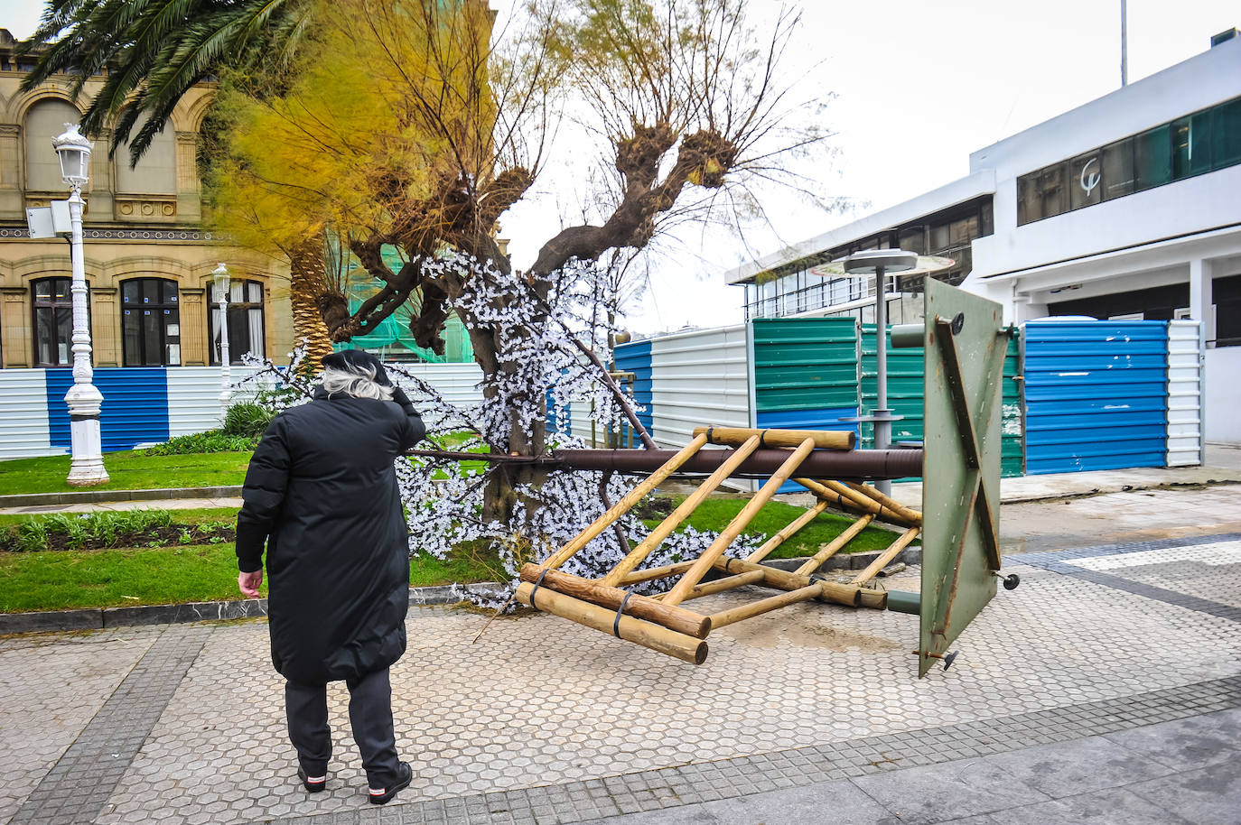 El viento ha provocado numerosos daños materiales en Gipuzkoa, especialmente en Donostia, con árboles y andamios caídos por toda la ciudad.