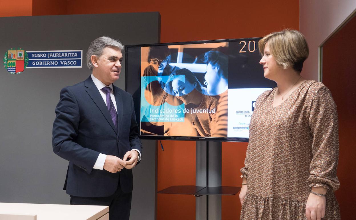 El viceconsejero de Empleo y Juventud, Marcos Muro, así como la directora de Juventud, Agurtzane Llano, presentan el informe.