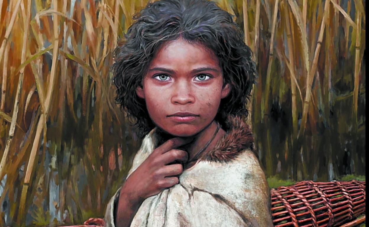 Reconstrucción artística de Lola y foto del chicle -alquitrán de abedul- que masticó hace 5.700 años. 