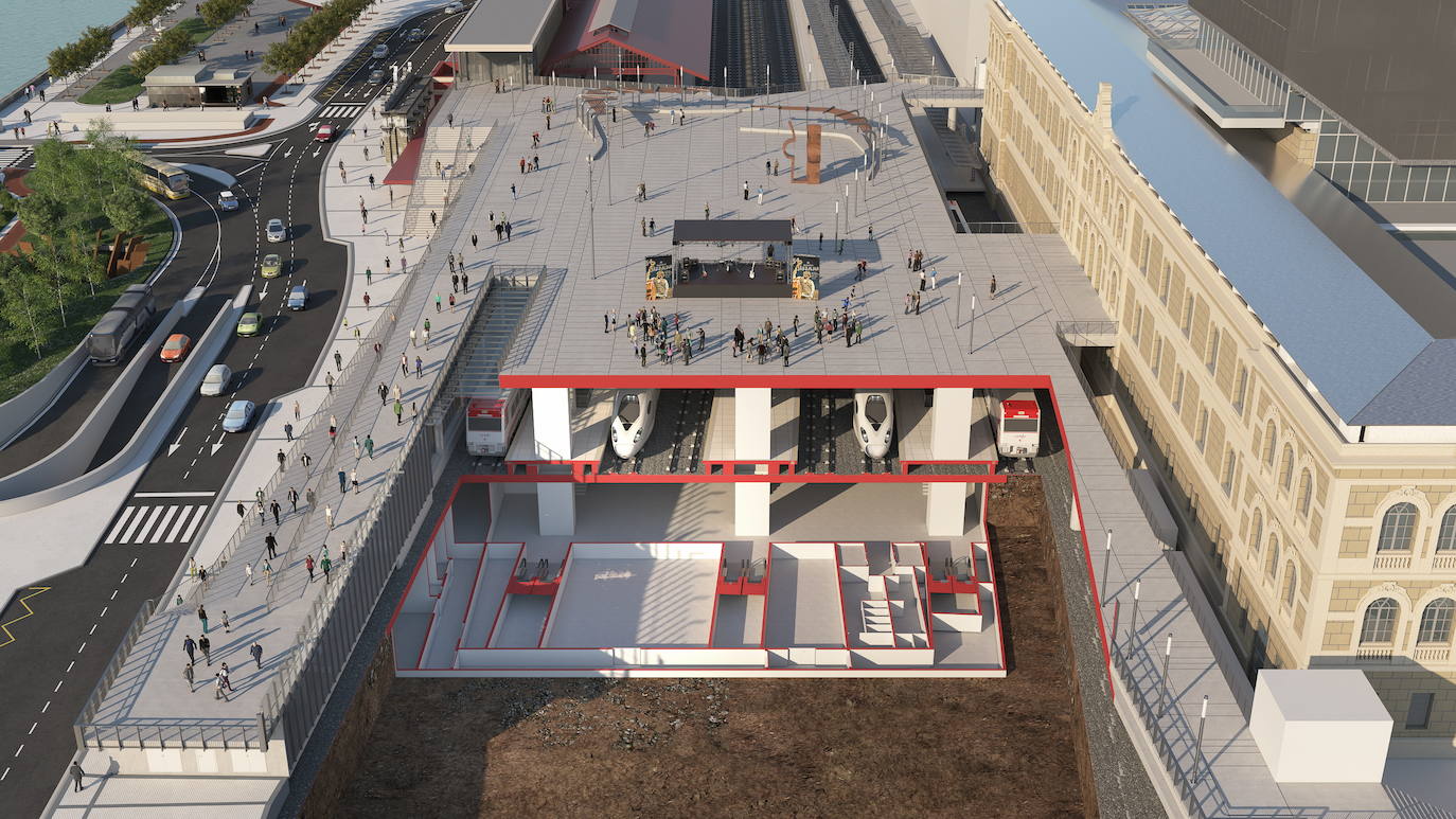 Una gran plaza que conecta con Tabakalera sobrevolará las vías de una estación intermodal que recibirá al TAV en 2024, y cuyas obras comenzarán el próximo abril. 