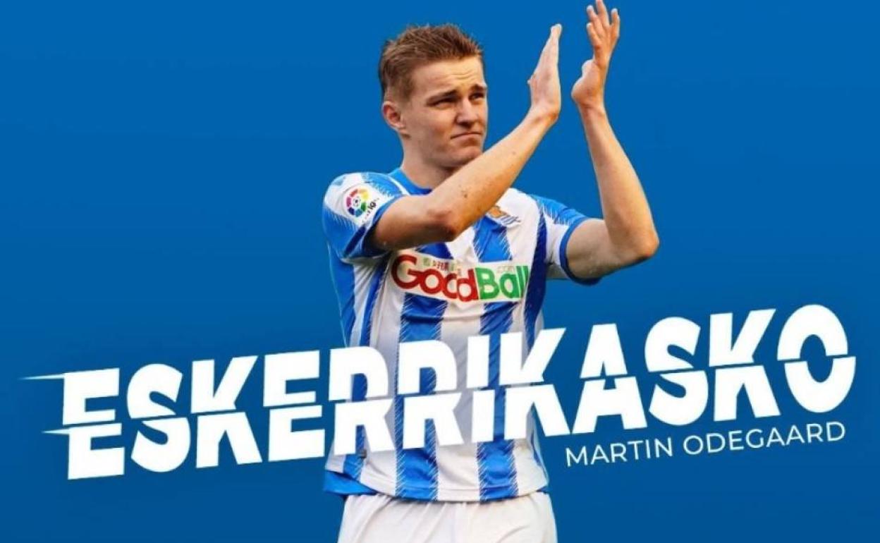 Montaje de la Real Sociedad para despedir a Odegaard.