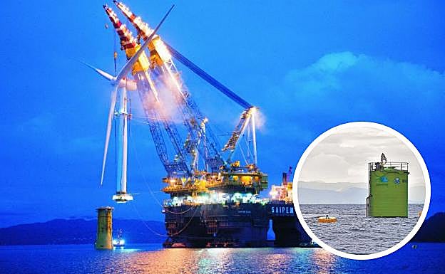 Arriba, sistemas de control instalados frente a la costa de Armintza. En la foto grande, montaje de un molino flotante en el parque Hywind Scotland. 