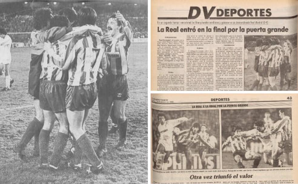 A la izquierda, los jugadores de la Real Sociedad celebran el pase a la final. A la derecha, dos artículos de EL DIARIO VASCO del 19 de febrero de 1988.
