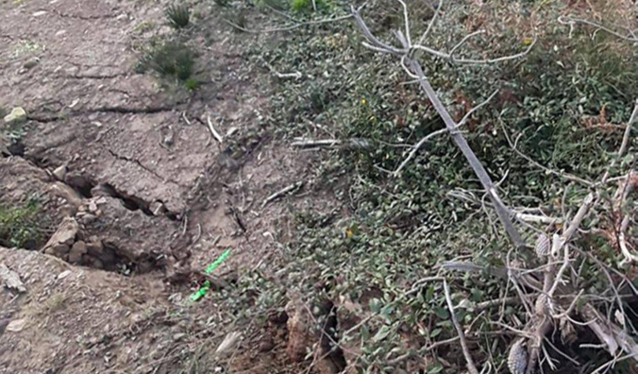 Hendidura que se prolonga por el prado Arbe zolua, el vial donde el terreno ha cedido casi un metro y otras hendiduras más.