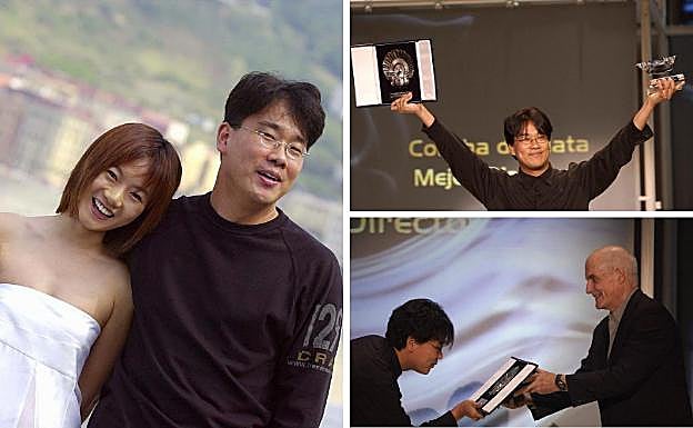 Bong Jong-ho en Donostia, con la actriz Bae Doo-na en 2000, recibiendo la Concha de Plata de manos de Barbet Schroeder y con sus dos premios en 2003. A la derecha, en 2009.