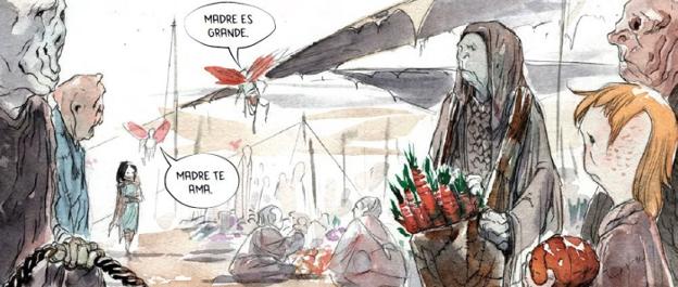 Página y viñeta de 'Ascender'. El lápiz y la acuarela de Nguyen. 