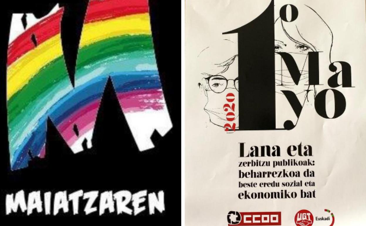 El cartel que comparten los sindicatos nacionalistas en este Primero de Mayo, y a la derecha el de CC OO y UGT