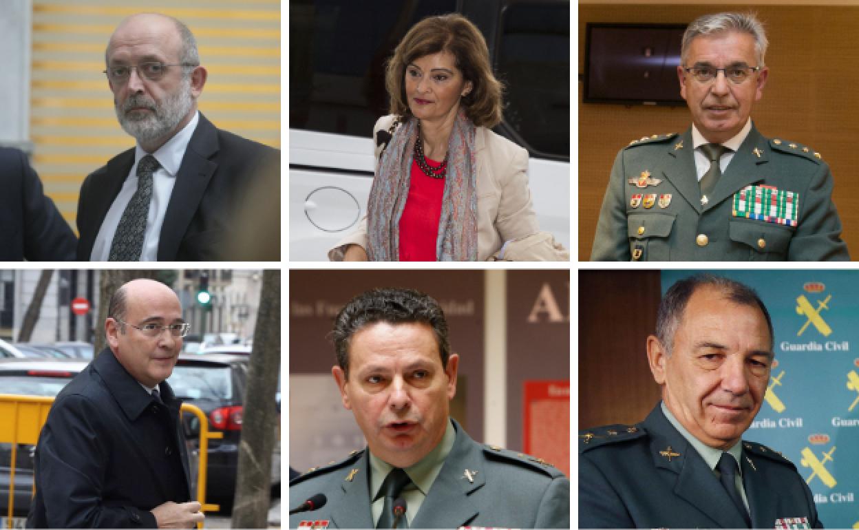 Arriba. Félix Azón, exdirector de la GC; Ana Botella, exSria. Seguridad; Manuel S. Corbí, exjefe de UCO./ Debajo. El coronel Pérez de los Cobos; El teniente general Ceña; El teniente general Santafé.