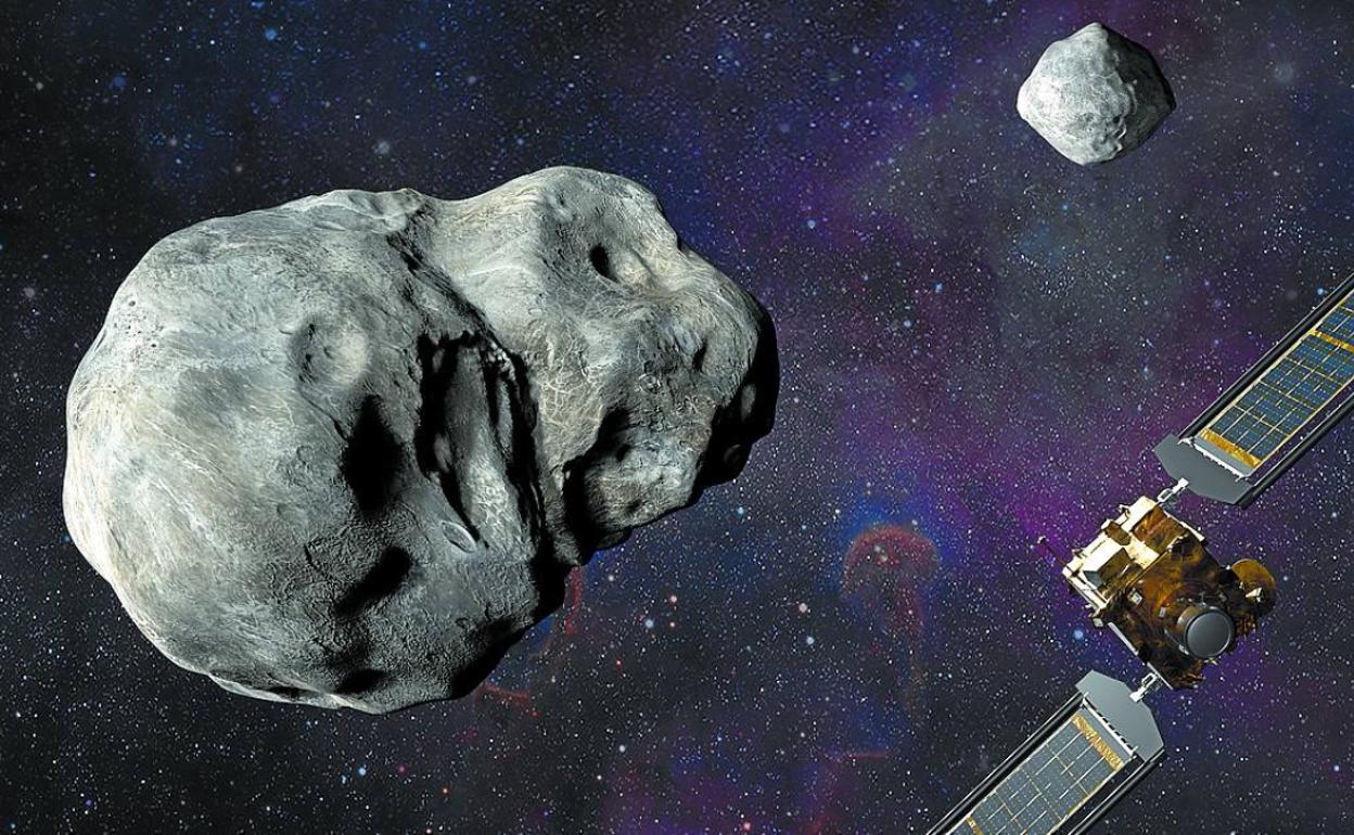 Recreación de la nave 'DART' y el minisatélite italiano, aproximándose al sistema de asteroides. 
