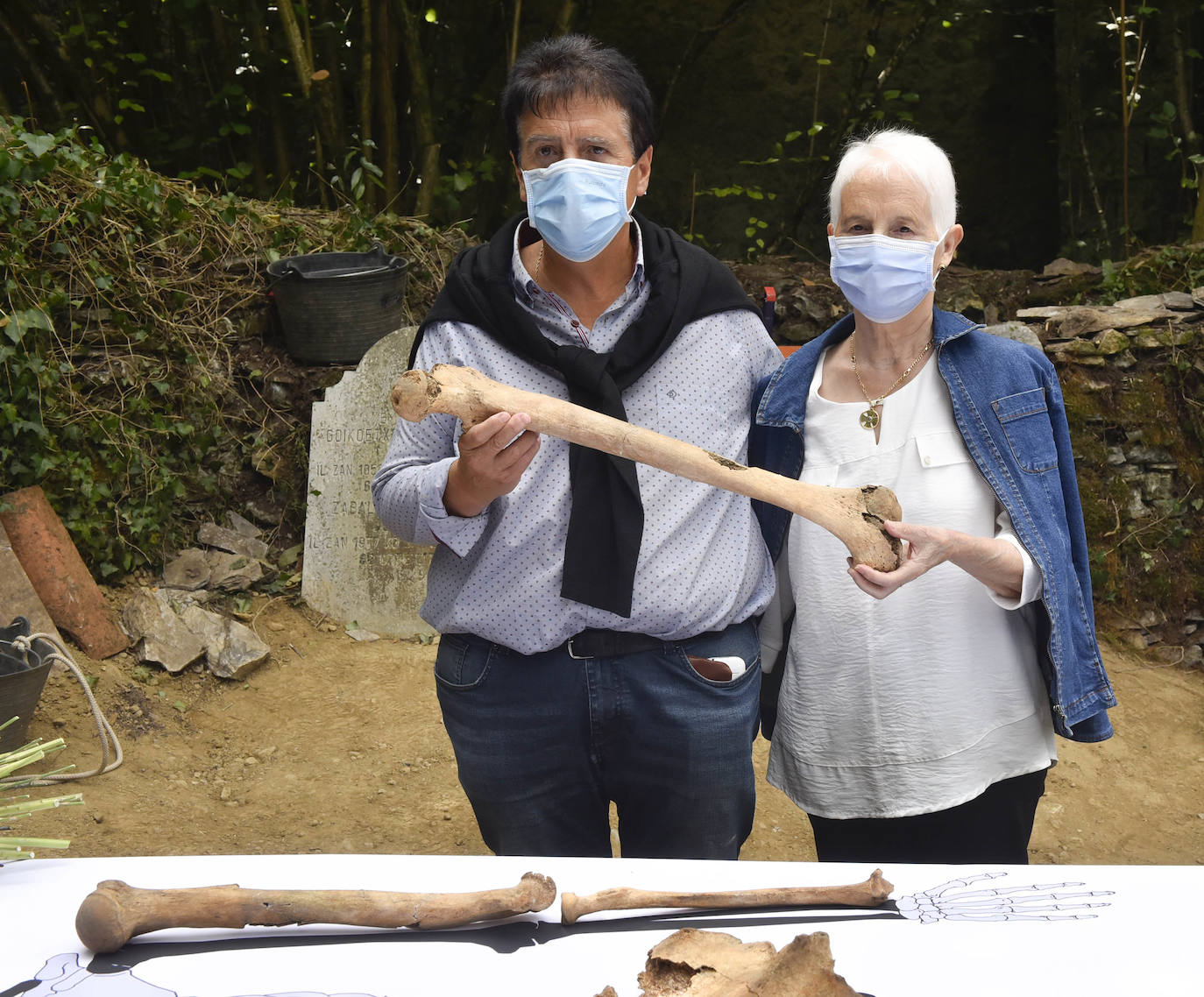 Los descendientes de Migel Joakin Eleizegi, el Ayuntamiento de Altzo y la Sociedad de Ciencias Aranzadi han explicado los pormenores del hallazgo de los restos óseos del gigante de Altzo en el osario del cementerio de Altzo.