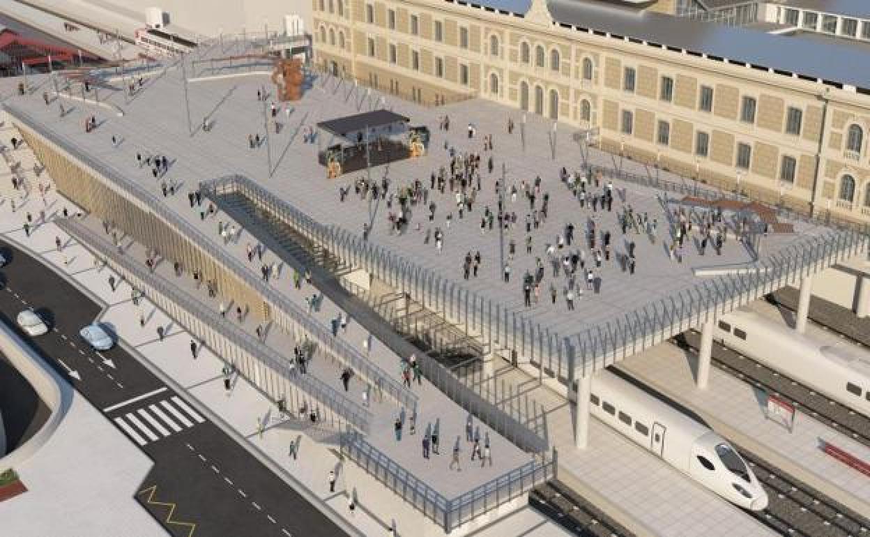 Fotomontaje de cómo quedará la plaza que se abrirá ante Tabakalera y salvará las vías del tren en la nueva estación de Atotxa. 