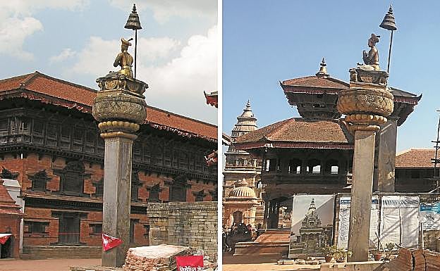 Bhaktapur. El centro de Durbar Square, frente al Museo, sufrió numerosos daños en el terreno, tirando abajo diferentes pagodas y estupas que, como se ve en la foto de abajo, están reconstruyendo muy lentamente. 