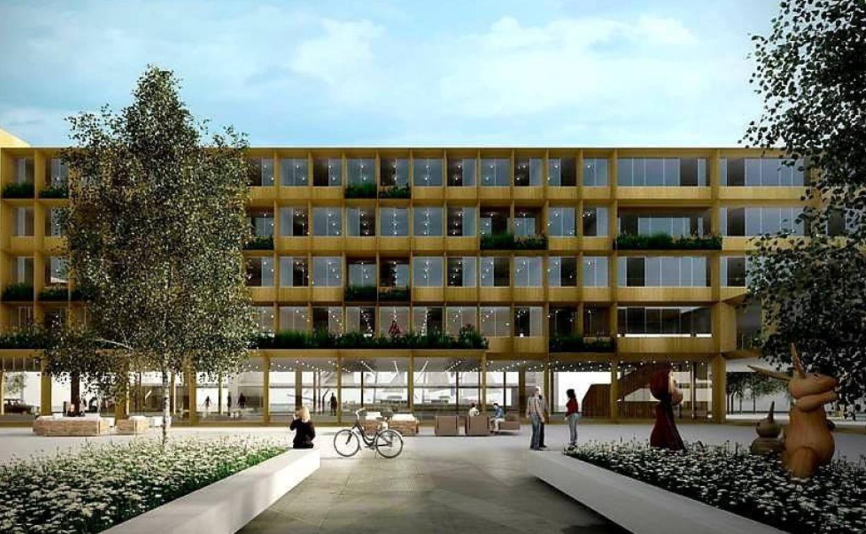 Recreación del centro de atención de envejecimiento y la dependencia, Adinberri, que se prevé construir en la parcela de Lasa, en Trintxerpe.