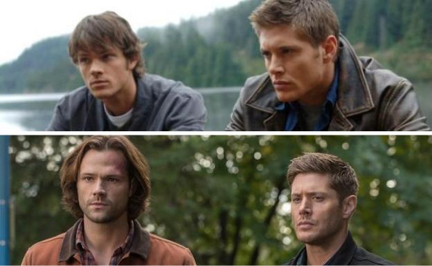 Jared Padalecki (Sam Winchester) y Jensen Ackles (Dean Winchester). Quince años han pasado entre la imagen superior e inferior. 