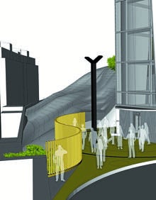 Imagen secundaria 2 - La cabina ofrecerá unas vistas espectaculares sobre la ciudad. La estructura tendrá forma de alcayata invertida. Una larga pasarela decasi 60 metros conectaráel ascensor con San Roque.