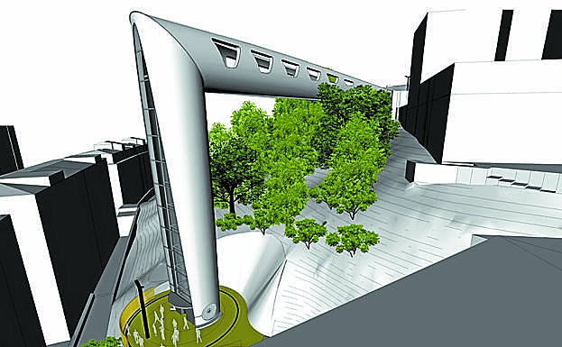 Imagen principal - La cabina ofrecerá unas vistas espectaculares sobre la ciudad. La estructura tendrá forma de alcayata invertida. Una larga pasarela decasi 60 metros conectaráel ascensor con San Roque.