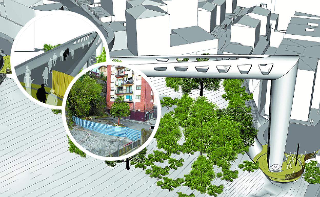 Imagen virtual de cómo el ascensor comunicará la parte baja con la alta de Amara Viejo sin intervenir en la ladera. 