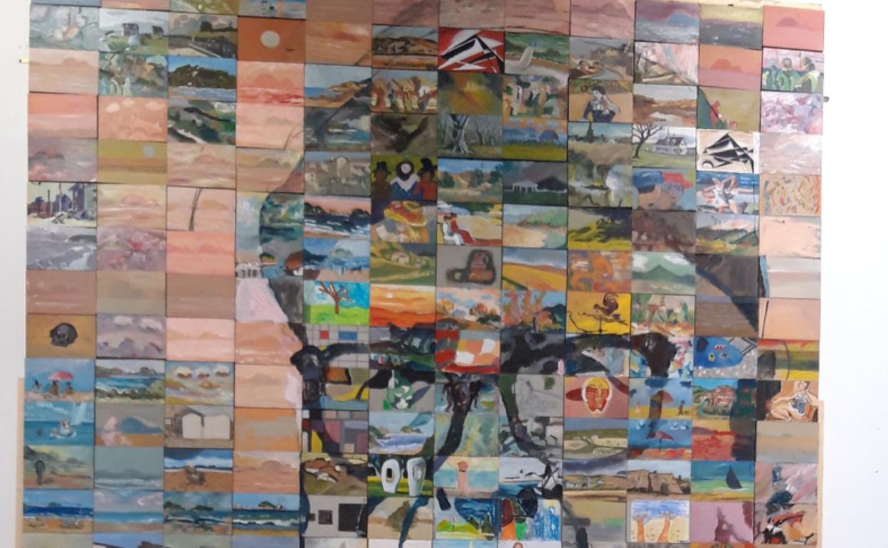 En este mural, a base de 264 cuadros pequeños, realizado por alumnos de Artezaleak, se puede ver la figura del pintor 'Mendi'. 