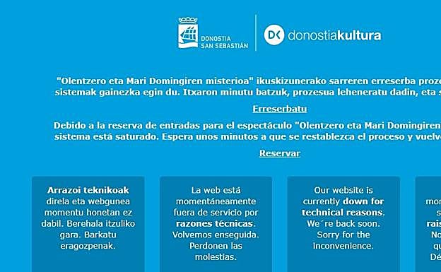 Primer mensaje que salía al entrar en la web de Donostia Kultura. 