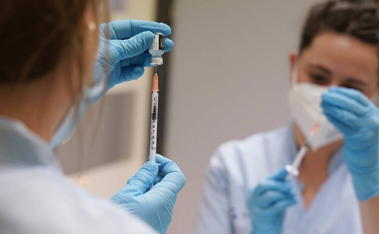 Una enfermera prepara la vacuna para suministrala a los trabajadores de Osakidetza. 