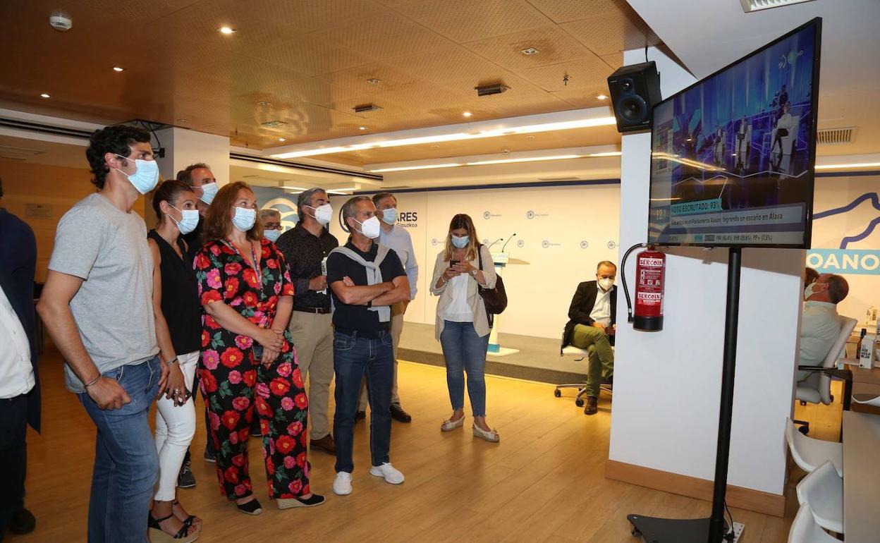 Integrantes del PP de Gipuzkoa siguen los resultados de las elecciones autonómicas del pasado 12 de julio en la sede del PP en San Sebastián. 