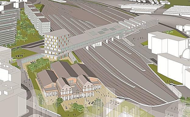 Vía Irun. Proyección de las viviendas, plazas, edificios y estación que se construirán en el terreno ganado al tren. 