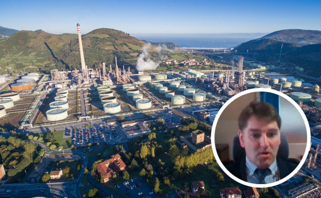 Vista aérea de las instalaciones de Petronor, en Muskiz, donde radicaría el electrolizador piloto de hidrógeno del proyecto 'H24All'. En el recuadro de la derecha, Manuel de la Rocha, secretario general del departamento de Asuntos Económicos y G20 de La Moncloa. 