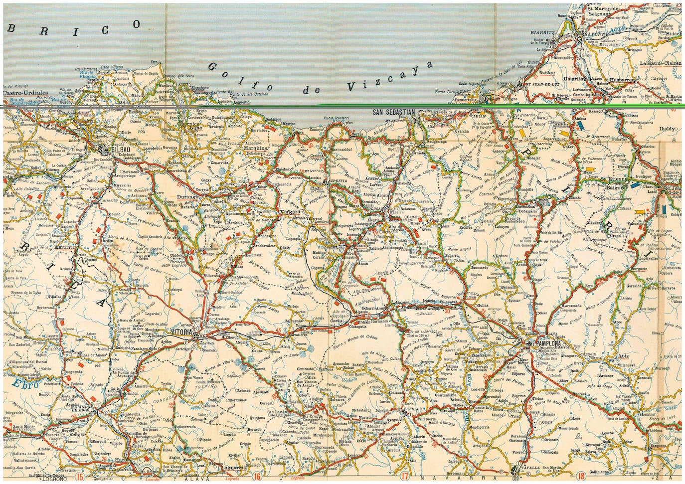 Michelin inventó los mapas de carreteras, como este de 1919. Costaba 2 pesetas impreso y 4 en tela y divide la península en 13 planos. Las carreteras de Gipuzkoa aparecen sombreadas en verde, lo que indicaba su buena calidad. El ejemplar que se reproduce sobre estas líneas es propiedad de Antonio Cancela, un gallego que tiene la mayor colección de mapas y guías Michelin.