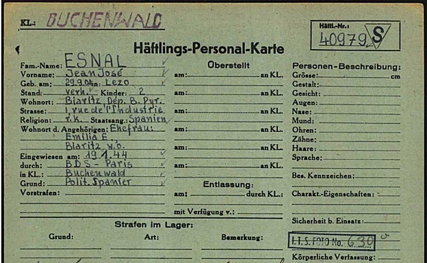 Ficha de Juan José Esnal, nacido en Lezo, que fue deportado al campo de Buchenwald. 