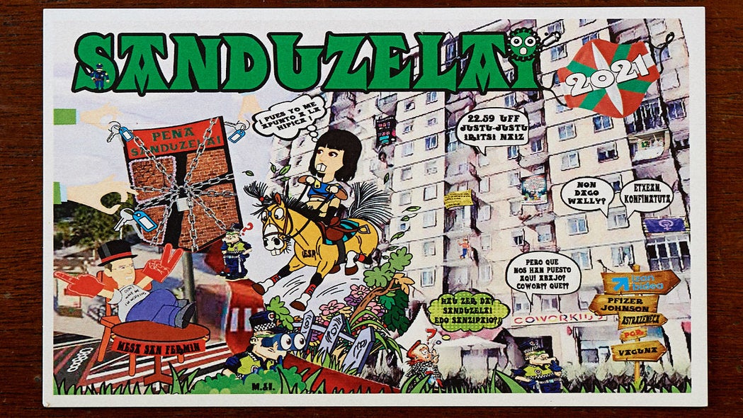 La Federación de Peñas de Pamplona ha presentado este miércoles las pancartas para los segundos 'no Sanfermines'a causa de la pandemia de coronavirus.