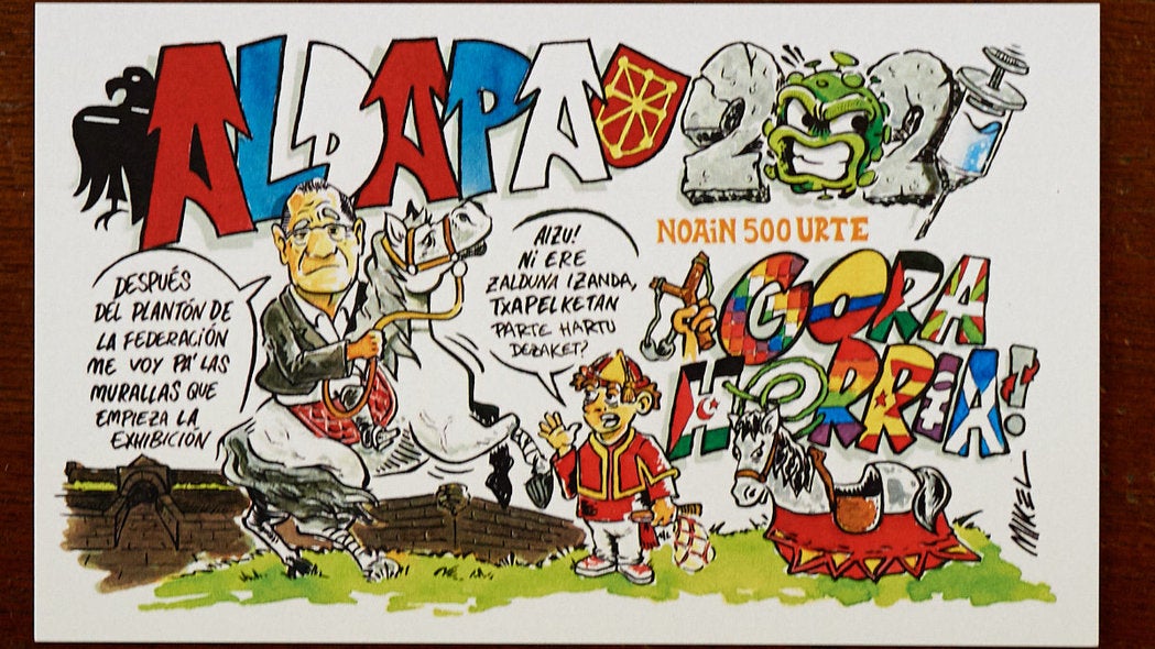 La Federación de Peñas de Pamplona ha presentado este miércoles las pancartas para los segundos 'no Sanfermines'a causa de la pandemia de coronavirus.