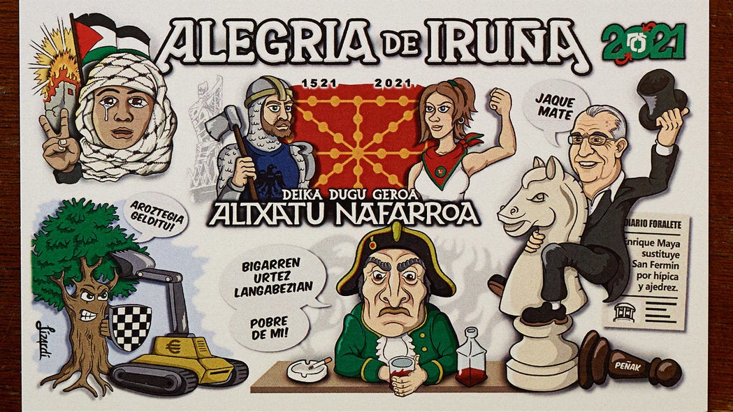 La Federación de Peñas de Pamplona ha presentado este miércoles las pancartas para los segundos 'no Sanfermines'a causa de la pandemia de coronavirus.