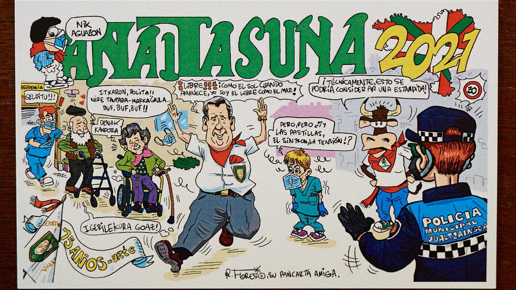 La Federación de Peñas de Pamplona ha presentado este miércoles las pancartas para los segundos 'no Sanfermines'a causa de la pandemia de coronavirus.