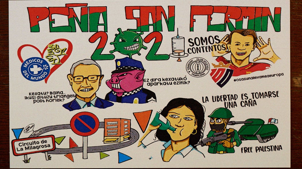 La Federación de Peñas de Pamplona ha presentado este miércoles las pancartas para los segundos 'no Sanfermines'a causa de la pandemia de coronavirus.