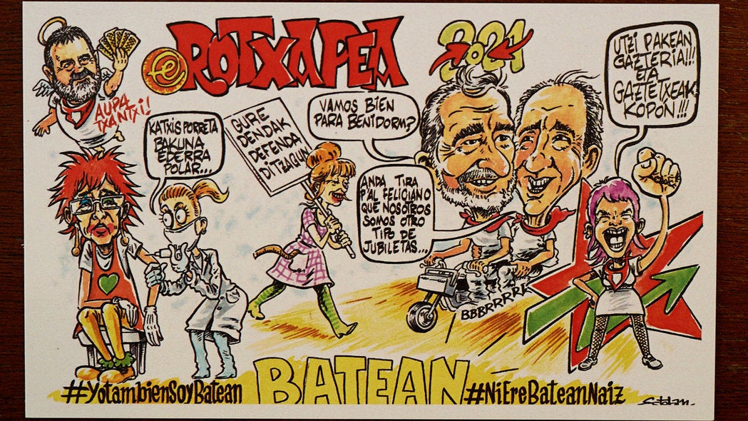 La Federación de Peñas de Pamplona ha presentado este miércoles las pancartas para los segundos 'no Sanfermines'a causa de la pandemia de coronavirus.