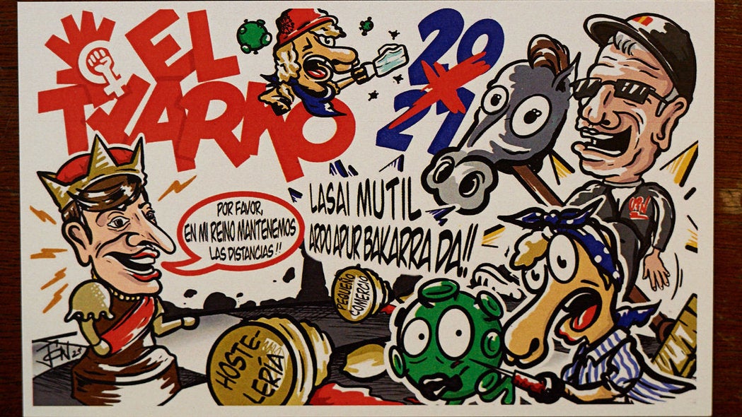 La Federación de Peñas de Pamplona ha presentado este miércoles las pancartas para los segundos 'no Sanfermines'a causa de la pandemia de coronavirus.