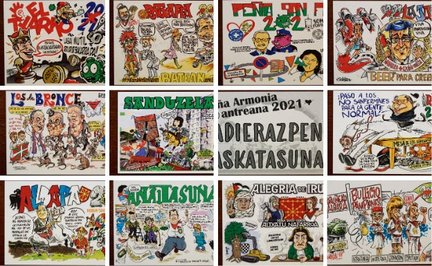 La Federación de Peñas de Pamplona ha presentado este miércoles las pancartas para los segundos 'no Sanfermines'a causa de la pandemia de coronavirus.