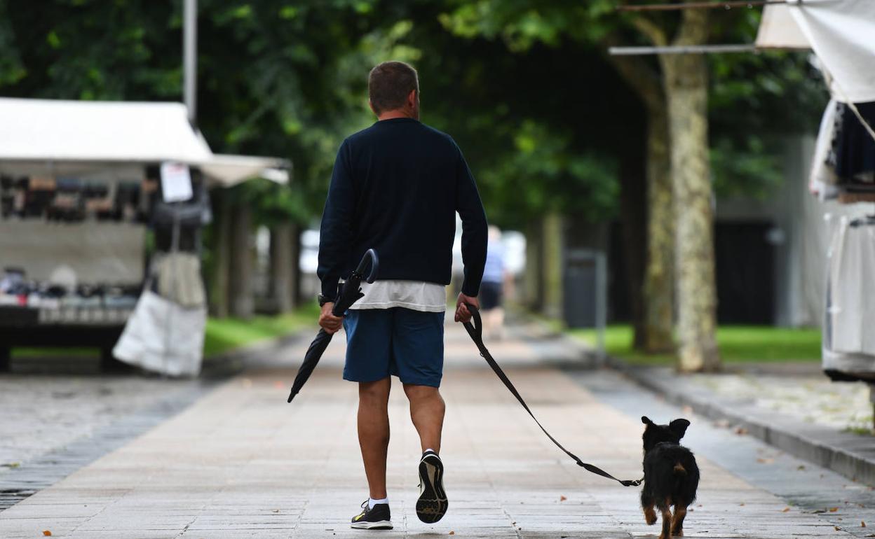 Un vecino de la localidad de Deba pasea a su perro con un paraguas en la mano
